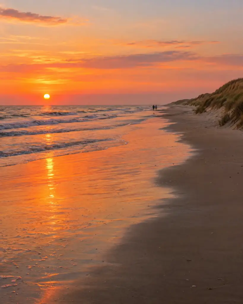 Het brede Noordzeestrand bij zonsondergang, met de duinen aan de rechterkant