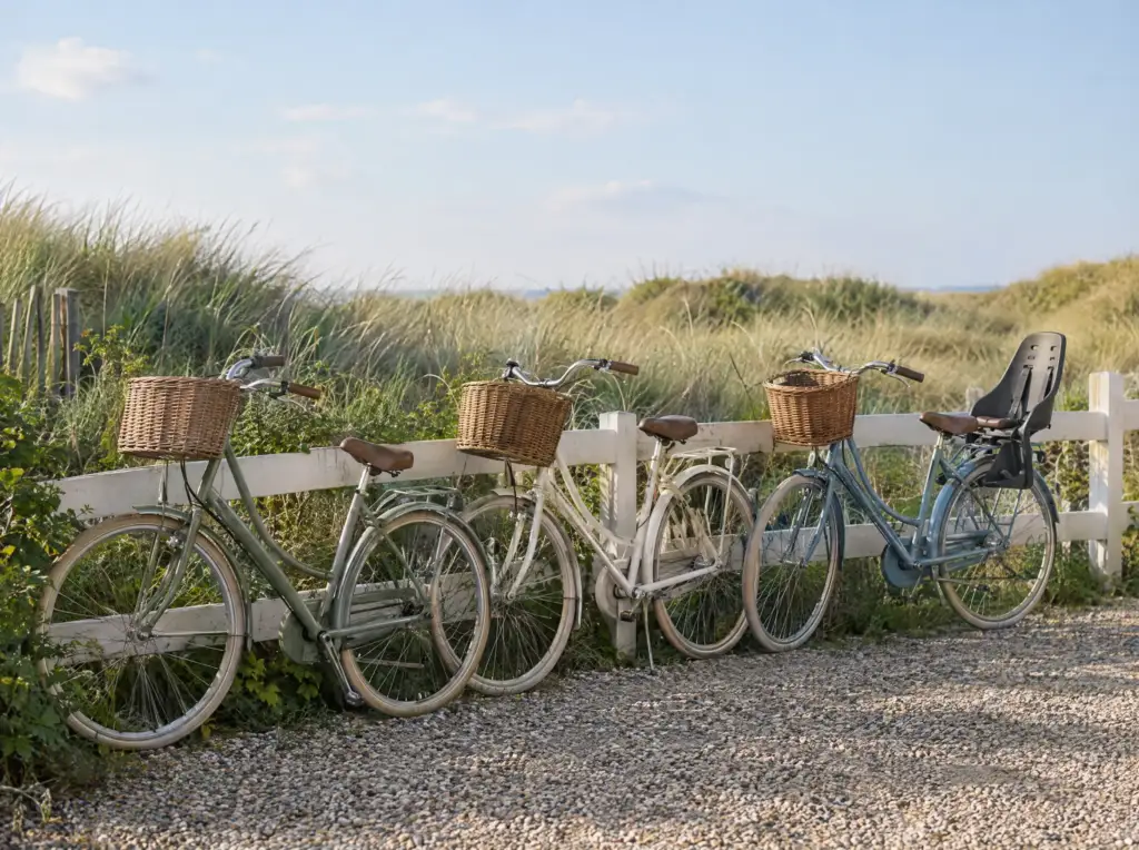 Drie leenfietsen met mandjes tegen het witte hek, één met kinderzitje