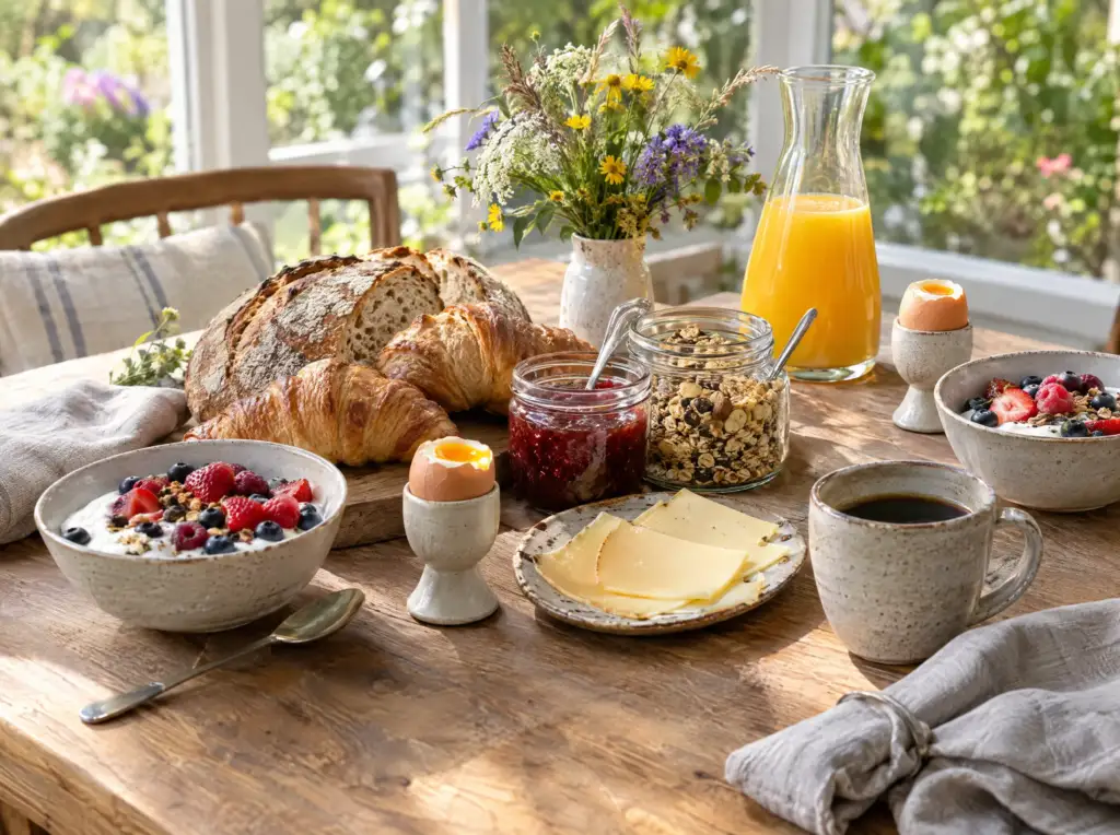 Ontbijttafel met zuurdesembrood, croissants, eitjes, huisgemaakte jam en vers sap