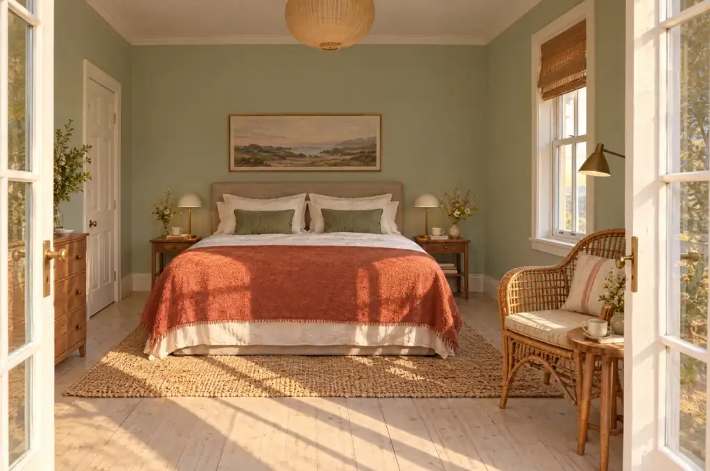 Kamer Duindoorn vanaf het balkon gezien, met het bed en de rotan stoel