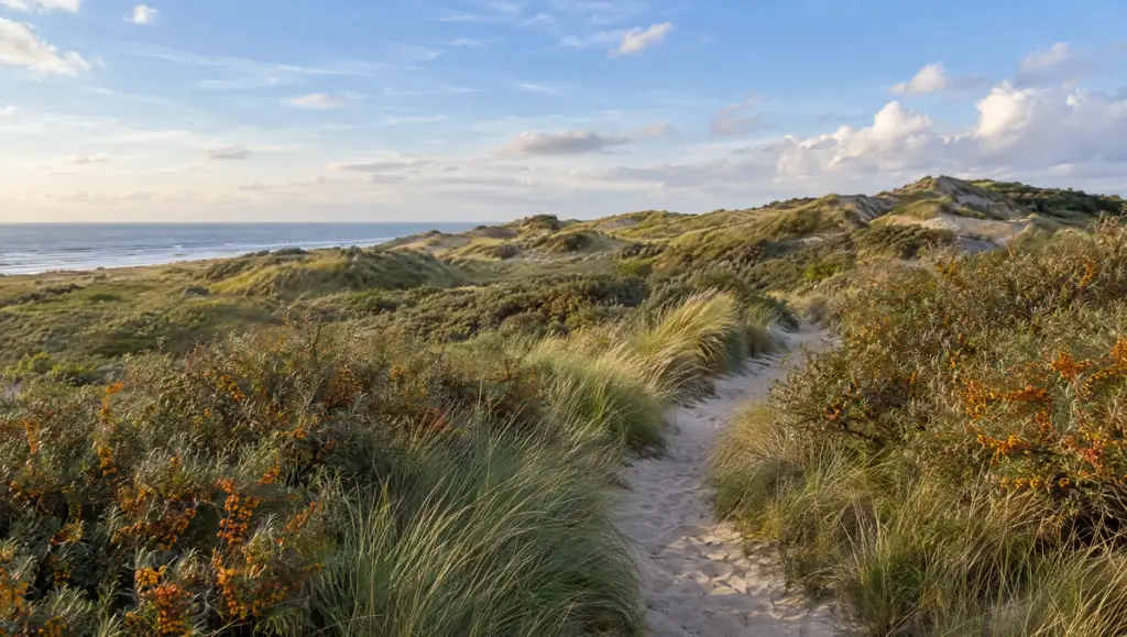 Zandpad door de duinen met helmgras en duindoorn, met de zee in de verte
