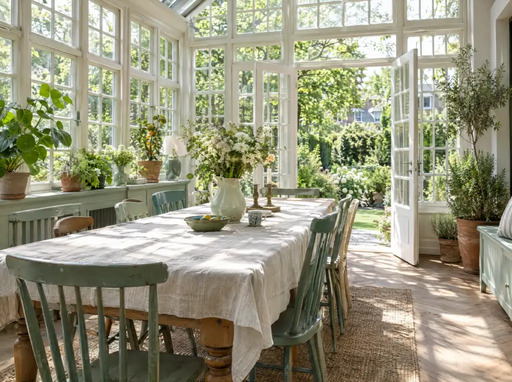 De lichte tuinkamer met een lange houten tafel en openslaande deuren naar de tuin