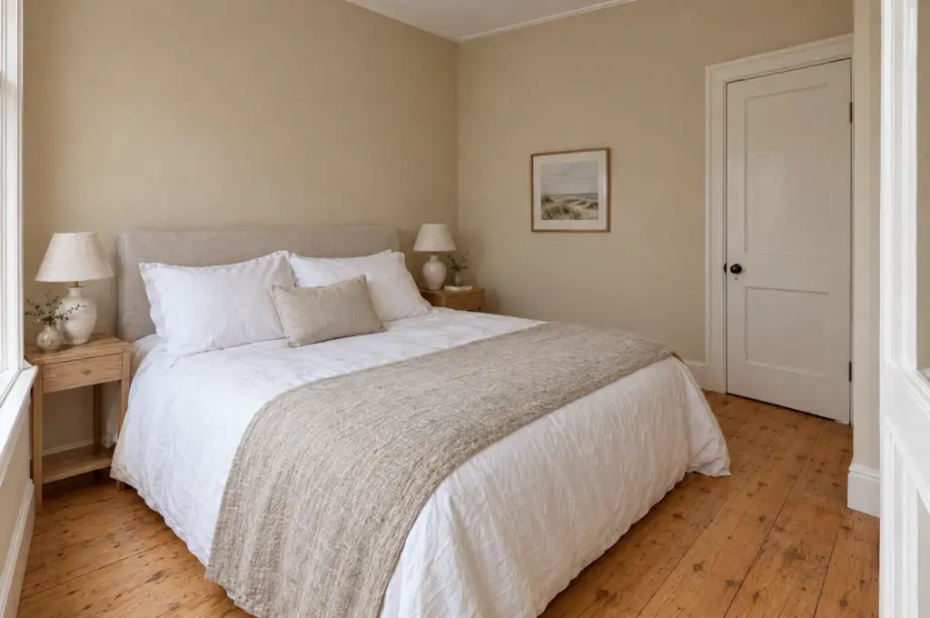 Kamer Helm vanaf het raam gezien, met het bed en de oude grenen vloer