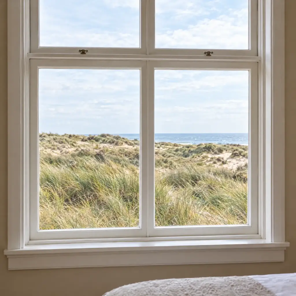 Uitzicht vanuit kamer Helm over de duinen naar zee