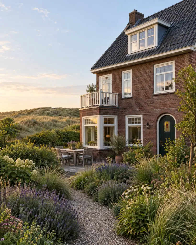 Het jaren-dertighuis van B&B Duinlicht gezien vanuit de tuin, met de duinen op de achtergrond